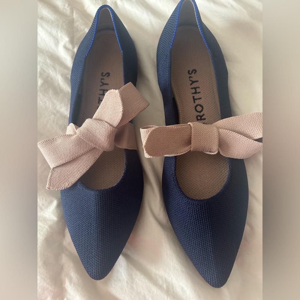 Rothy's Navy Blue Flats with Pink Bow